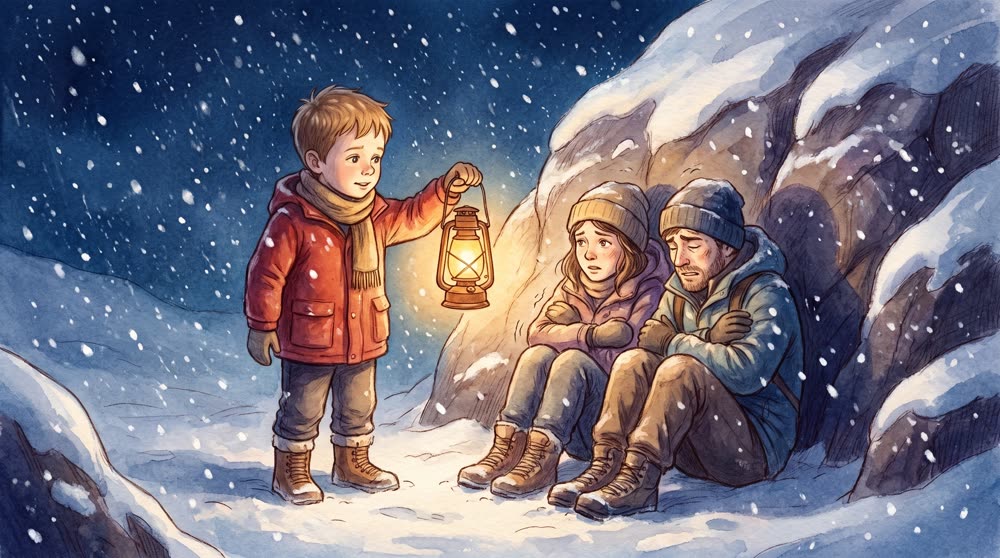 Găsirea drumeților în zăpadă, la lumina felinarului